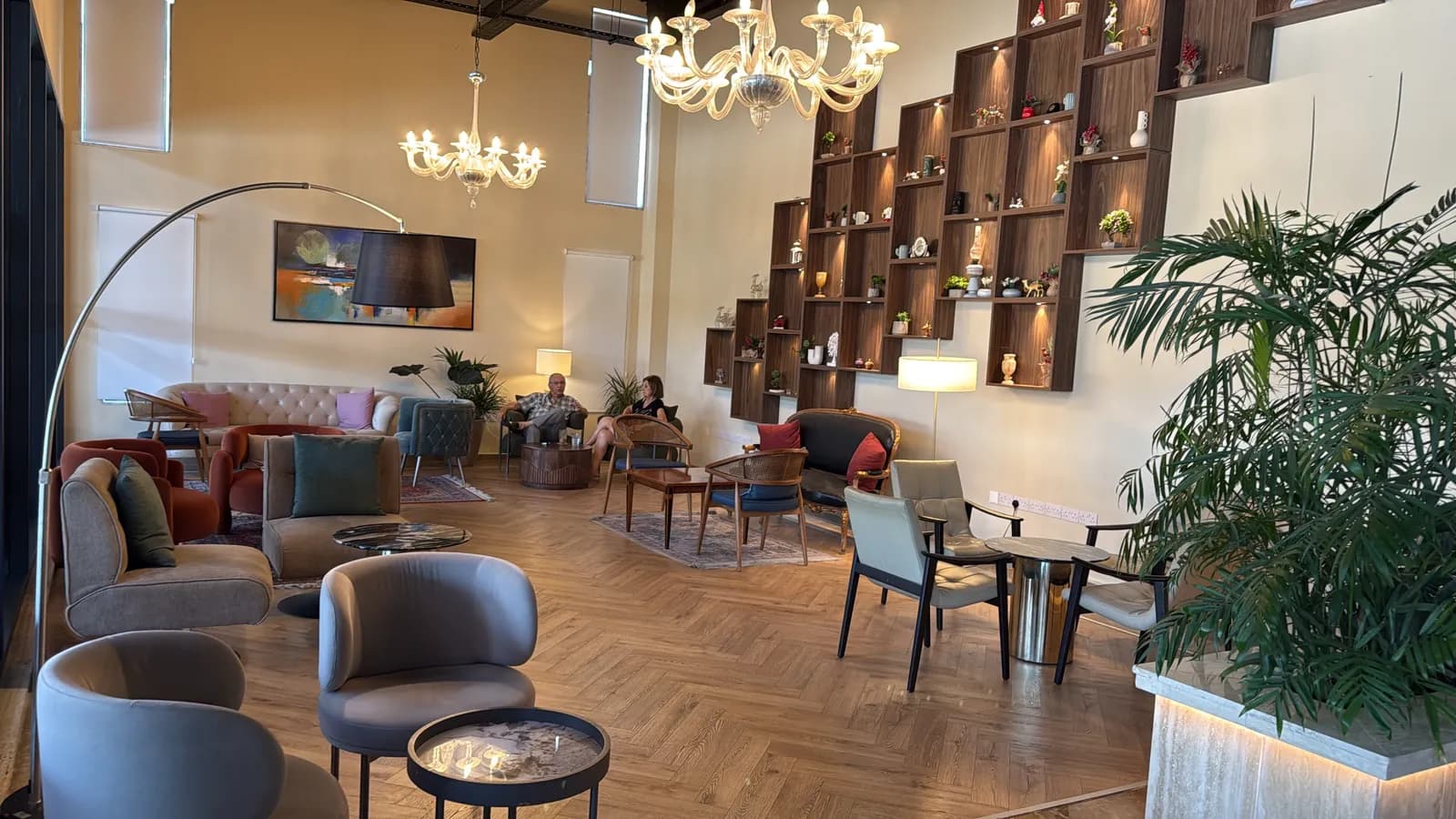 Chandeliers and curio shelves in the lounge